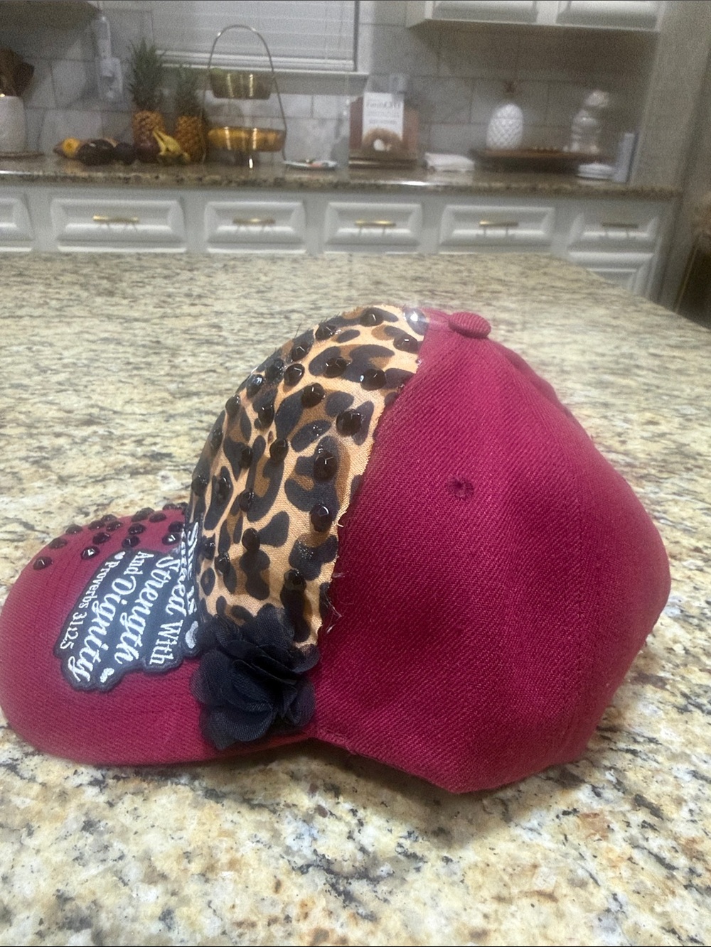 Women's Burgundy Embellished Baseball Cap with Leopard Accent - Picture 4 of 6